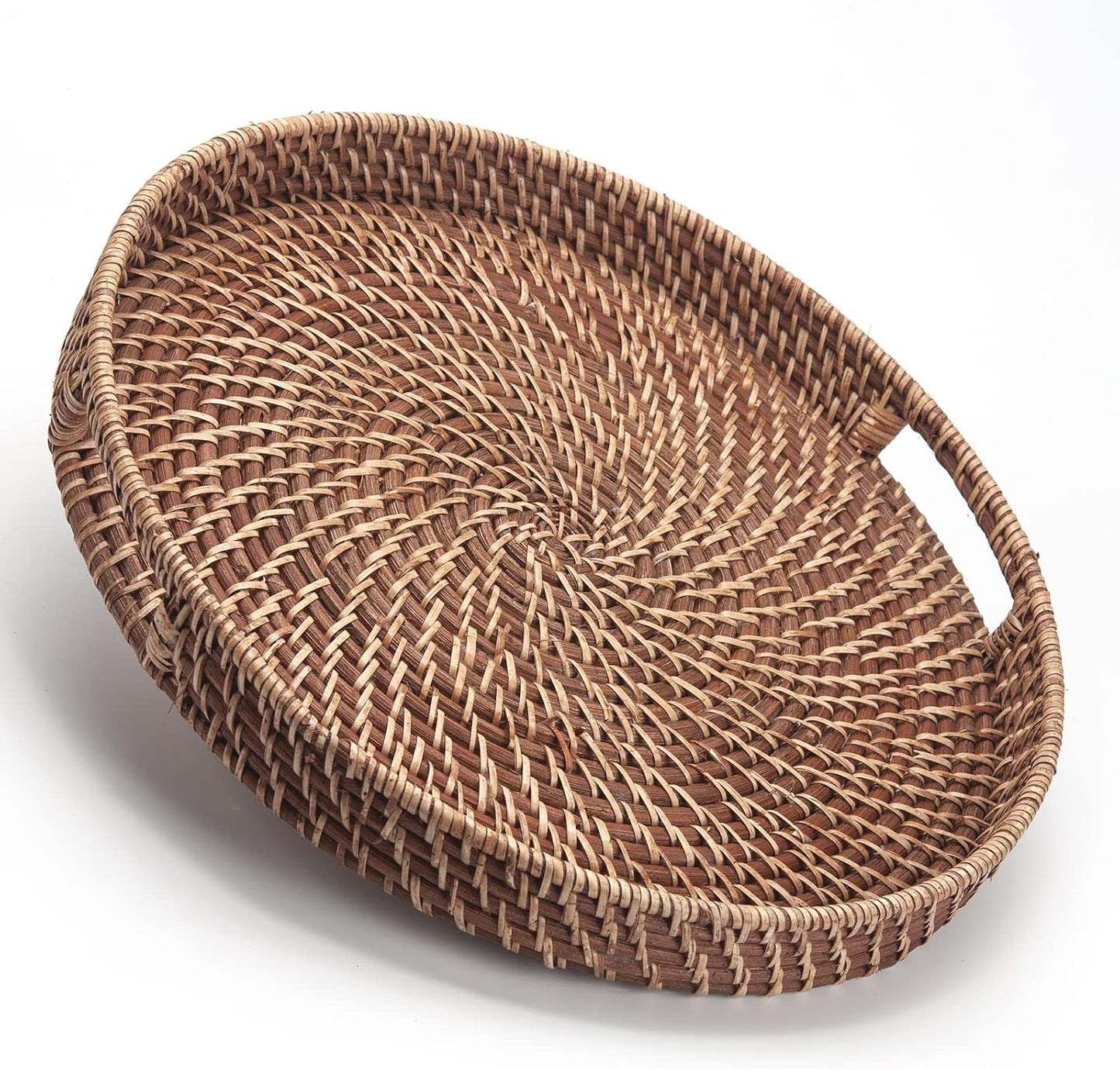 13.8"x2") Round Rattan Woven Serving Tray with Handles Ottoman Tray for Breakfast, Drinks, Snacks for Coffee Table