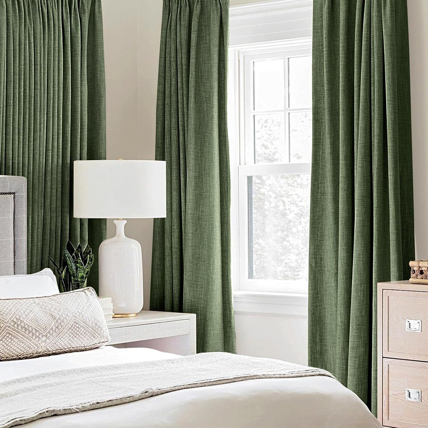 MIULEE 100% Blackout Linen Textured Curtains - Olive Green Thermal Insulated Drapes | 52 x 45 Inch (2 Panels)