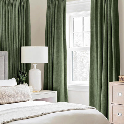 MIULEE 100% Blackout Linen Textured Curtains - Olive Green Thermal Insulated Drapes | 52 x 45 Inch (2 Panels)