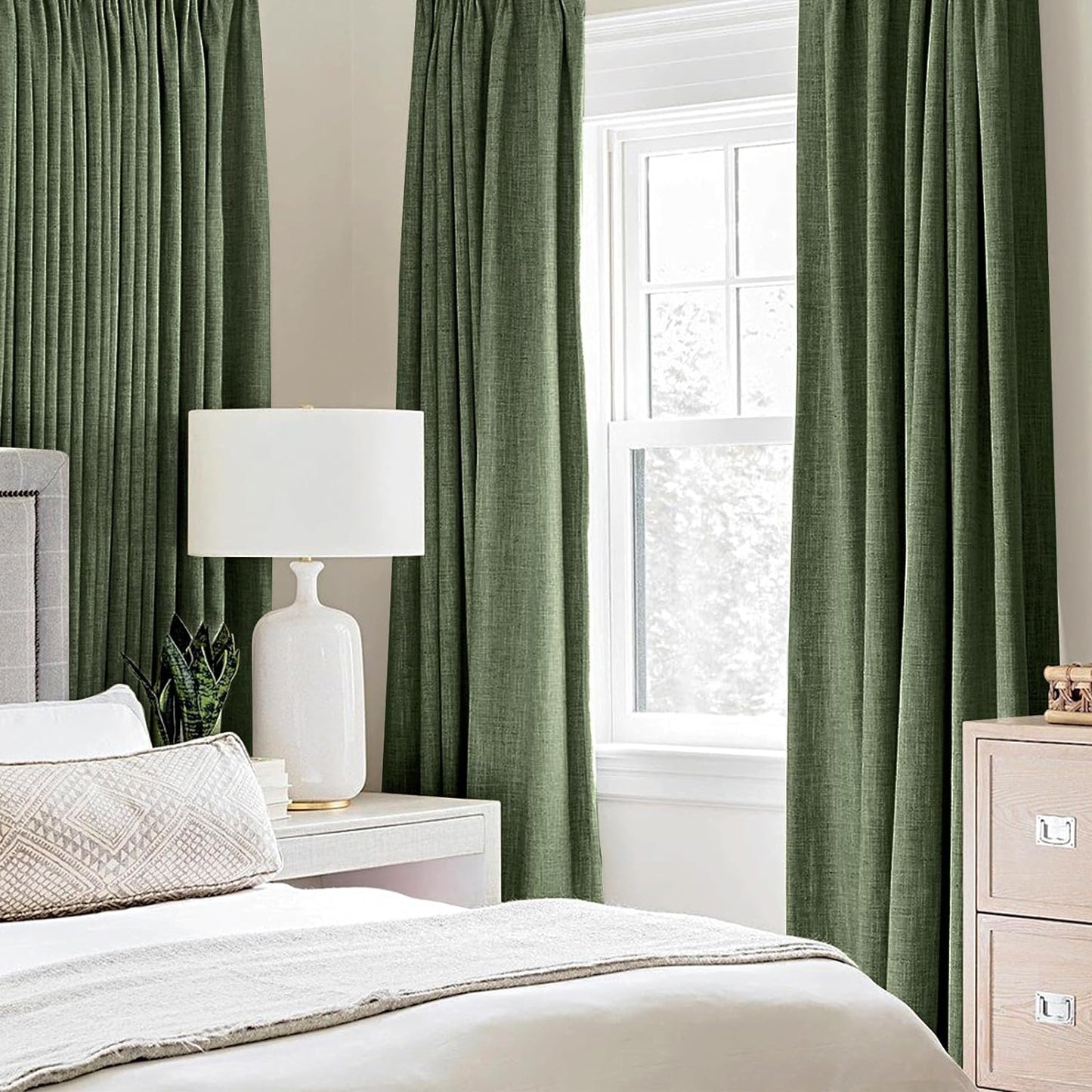 MIULEE 100% Blackout Linen Textured Curtains - Olive Green Thermal Insulated Drapes | 52 x 108 Inch (2 Panels)