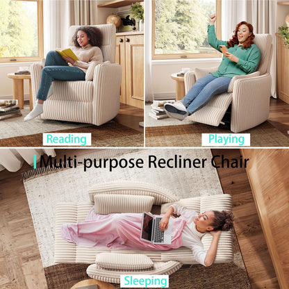 LINSY 360 Swivel Recliner Chair, Nursery Glider Rocking Chair with 2 Pillows, Corduroy Nursing Chair Comfy High Back Adult Rocker Recliner for Small Spaces, Nursery Bedroom Living Room (Beige)