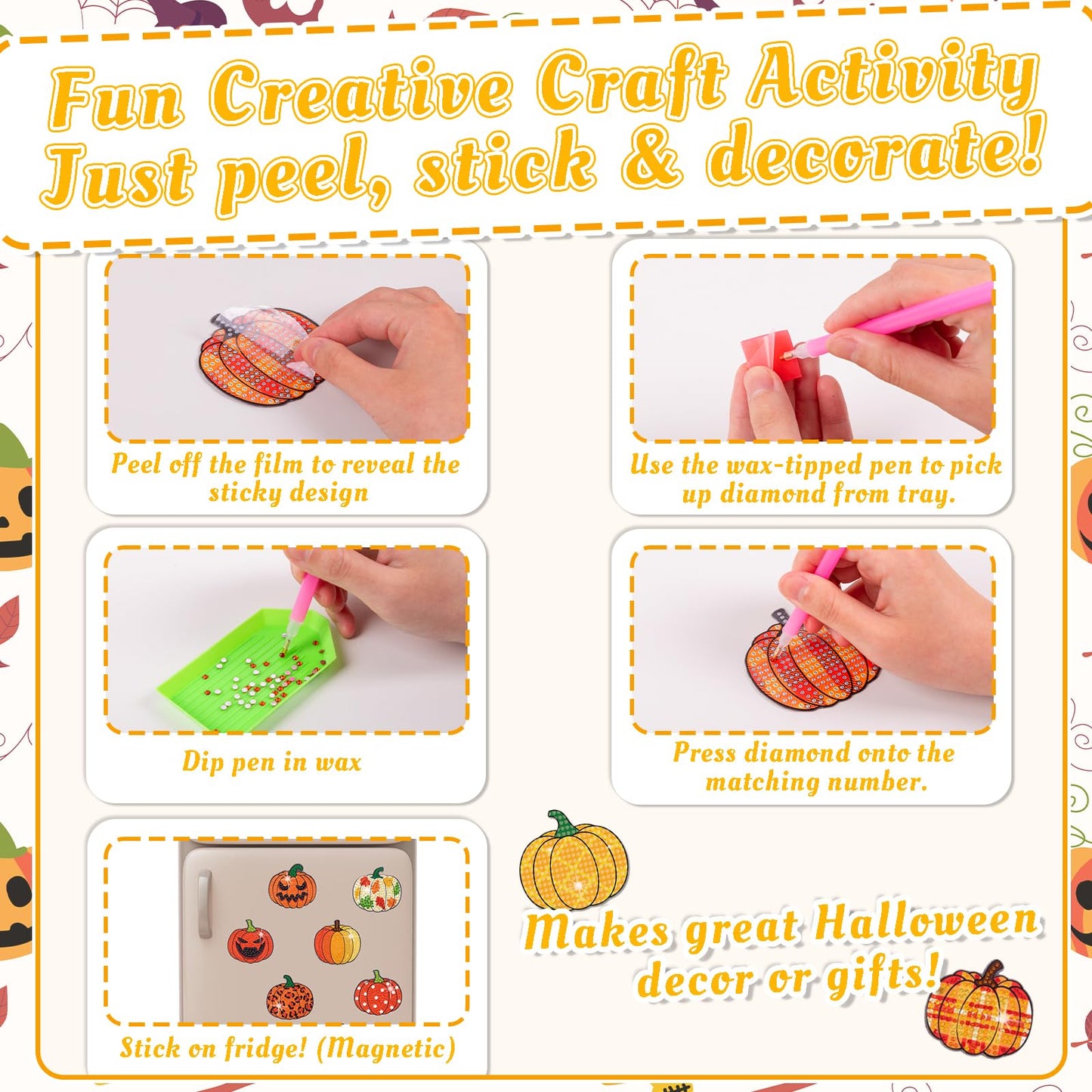 36PCS Halloween Crafts for Adults DIY Diamond Art: DIY Refrigerator Magnets Stickers Kit, Magnetic Fridge Decor (Pumpkin)