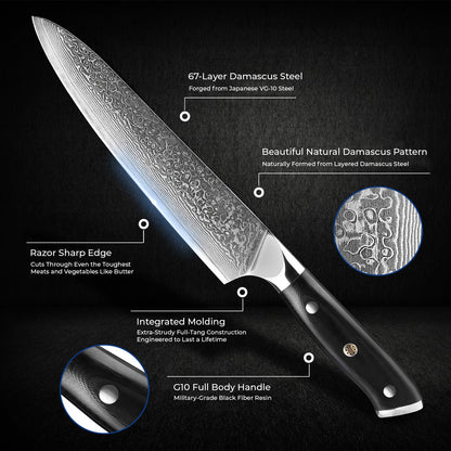 SENKEN 6-Piece Damascus Steel Kitchen Knife Set - Shogun Collection - 67-Layer Japanese VG10 Steel - Chef's Knife, Cleaver Knife, & More, Extremely Sharp Blades for Effortless Cutting, Luxury Gift Box