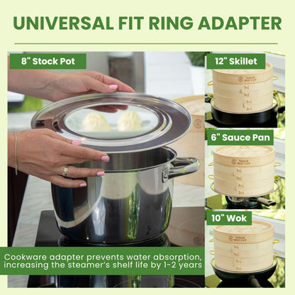 Bamboo Steamer 10 Inch 2 Tier Wooden Basket With Handle, Ring Adapter, Reusable Silicone Liner, Adapter, Molder Press For Cooking Vegetables Dumpling Press & Dough Cutter for Steaming Chinese Asian Food & Bao Bun, Dim Sum Potsticker