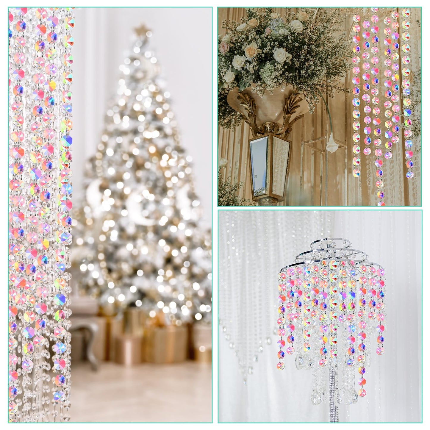 Blushtier Crystal Garlands Acrylic Octagon Bead Strands 14mm Iridescent Clear Diamond Hanging Chandelier Chain Ornament String for Wedding Manzanita Centerpiece Holiday Party(33 ft)