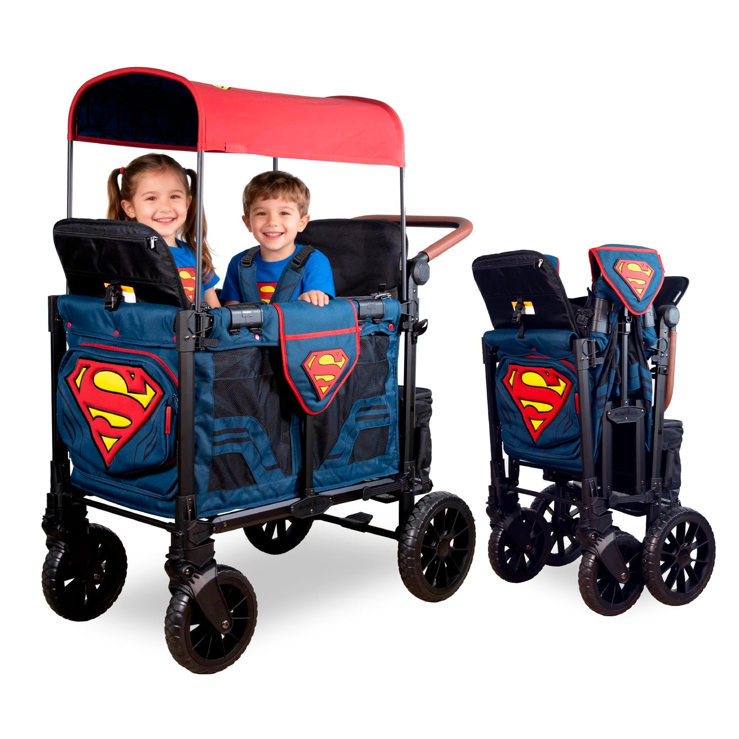WONDERFOLD W2 Luxe Pro Special Edition Superman Stroller Wagon (2 Seater) - Collapsible Wagon Stroller with Seats with 5-Point Harnesses, Easy Access Zipper Door, and Removable Sun Canopy