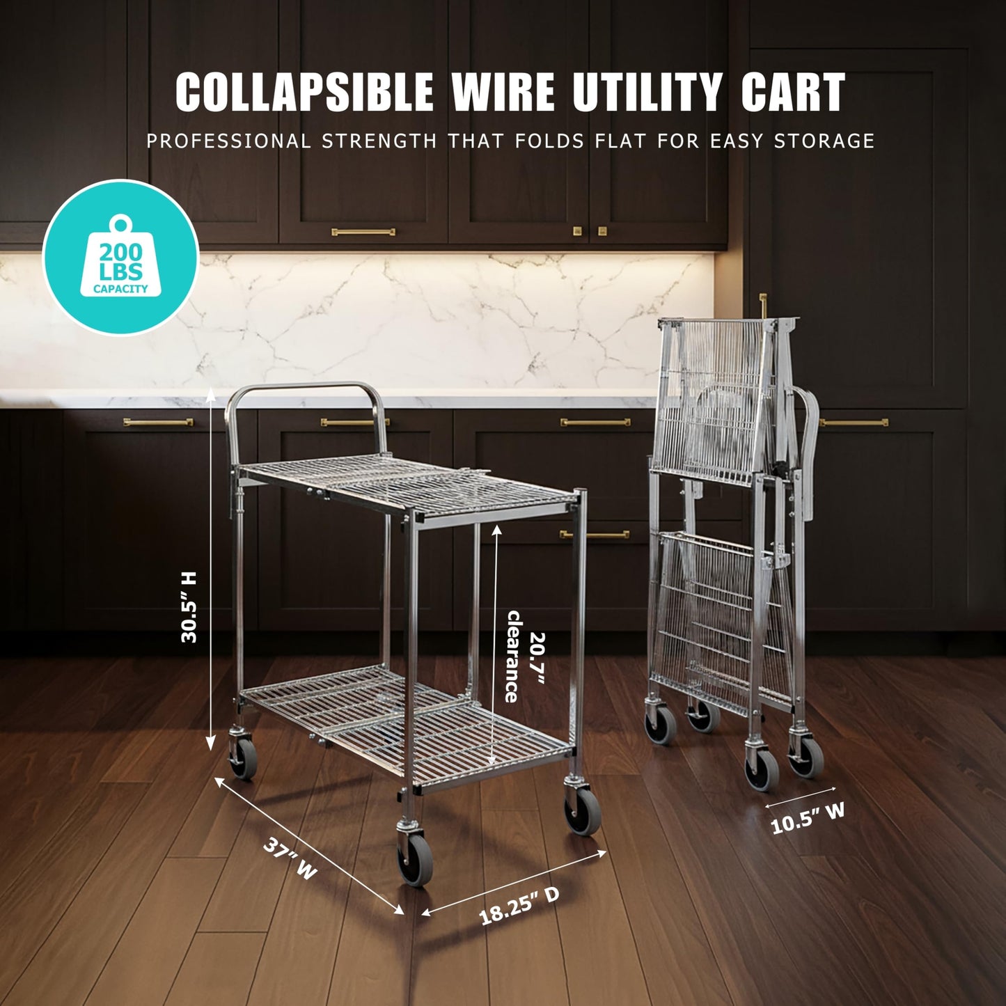 Luxor WSCC-2 Two-Shelf Collapsible Wire Utility Cart with Wheels, Push Heavy Duty,Holds 200 Pounds and Folds Up for Storage, 37"W x 18.25"D x 30.5"H