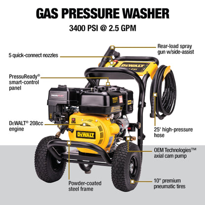 DeWalt DXPW3400PRNB-S PressuReady 3400 PSI Gas Pressure Washer with Quick Start Technology, 2.5 GPM Axial Cam Pump, 208cc Engine, Cold Water, Includes 25-Ft Hose, Nozzles, Spray Gun & Wand, 49-State