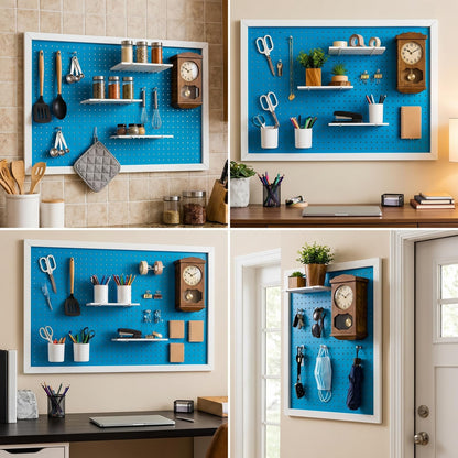 Weysat 36 x 24 Inch Decorative Wood Pegboard Wall Organizer with Frame Large Display Board Kit with 3 Shelves 18 Nails Aesthetic Board Wall Organizer Craft for Room, Office, Sewing (Blue)