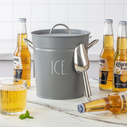 Rae Dunn Ice Bucket with Scoop - Stainless Steel Bucket with Handle, Lid and Ice Scooper - 4 Qt. Storage Bin for Ice Cubes for Bars, Parties, Backyard Barbeques, Picnics, and Camping (Grey)