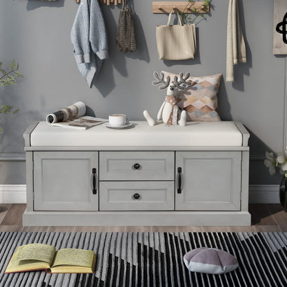 Acosure 42″ Storage Bench with 2 Drawers and 2 Cabinets，Multipurpose Entryway Shoe Rack W/Removable Cushion，for Living Room Hallway Porch,Gray Wash
