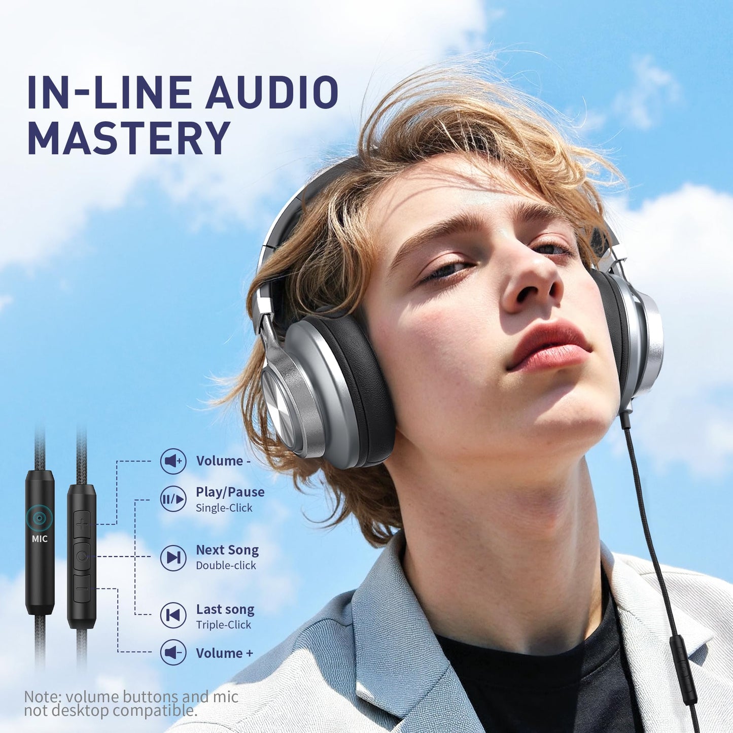 AILIHEN C90 Wired Headphones with Microphone Volume Control, Noise Reduction Foldable Comfortable Over Ear Headphones Wired Durable Nylon 3.5mm Jacket for Tablet/Chromebook/Computer/Adult/Teens(Grey)