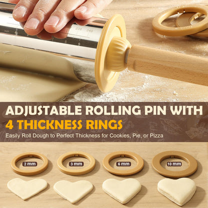 LUSHYUM Adjustable Rolling Pin with Thickness Rings 304 Stainless Steel Dough Roller with Dual-Purpose Stand Detachable Handles for Pizza Cookies Fondant Non Stick Metal Kitchen Tool Gift for Bakers