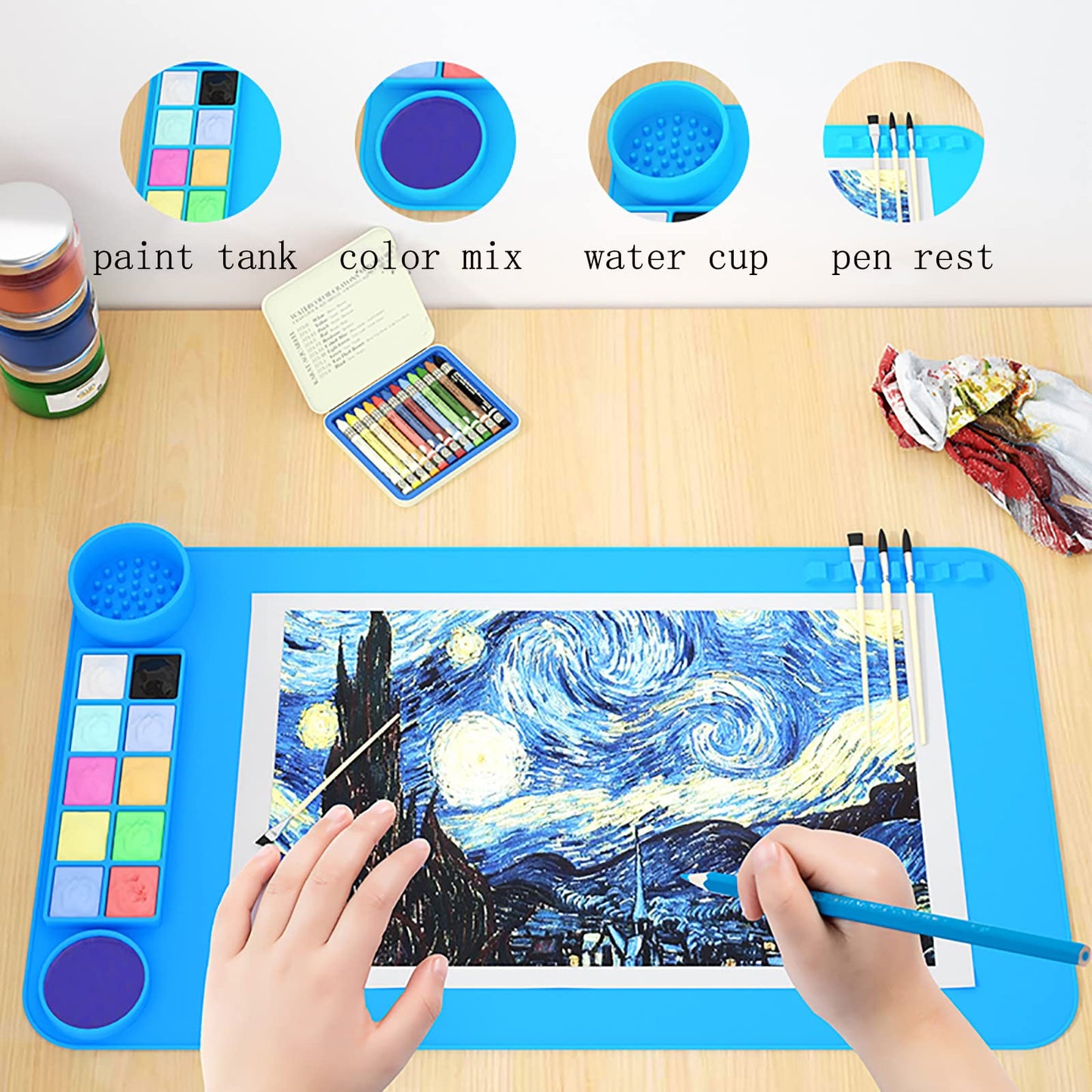 2 Pack Silicone Art Mat with Cup, KJMYYXGS Silicone Painting Mat with Cup, 19.7"x11" Silicone Craft Mat with Cup and Paint Holder Silicone Artist Mat Kids (Pink and Blue)