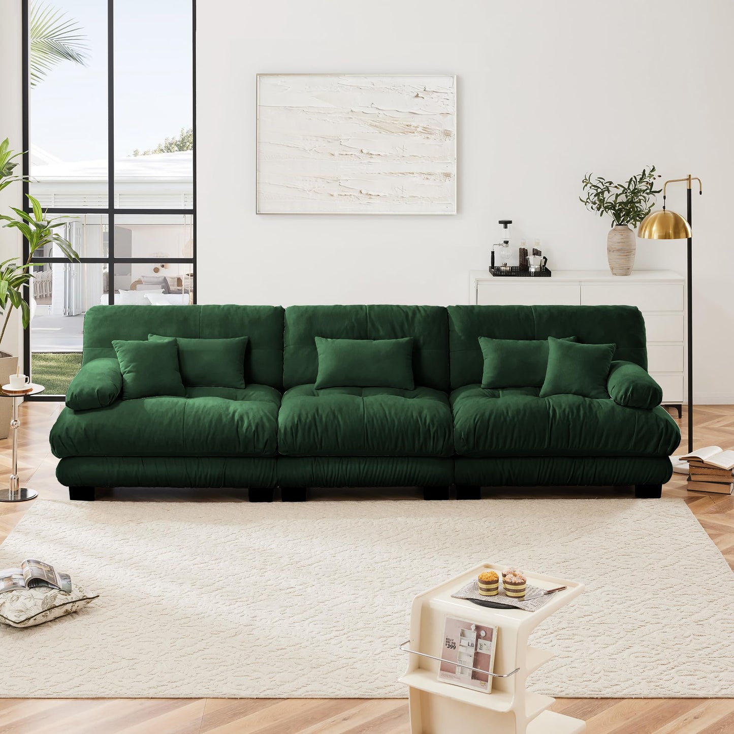KEIKI 133" Sectional Sofa with Removable Ottomans, Comfy 3 Seat Sleeper Cloud Couch Set, Chenille Upholstered Modular SofaBed for Apartment Living Room, Throw Pillows, Dark Green