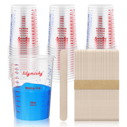 50 Pack Plastic Mixing Cups, 20 oz (600ml), Disposable Measuring Cups with 50 Wooden Mixing Sticks, Measurement ratios: 2:1, 3:1, 4:1, Suitable for Epoxy Resin, Liquid Measuring, and Paint