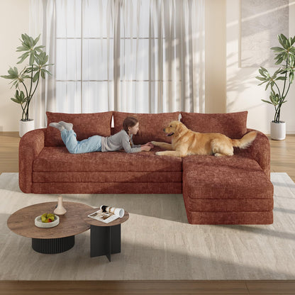 Vesgantti 110.2" Boneless Sectional Couch with Curved Armrest, 6 in 1 Convertible Folding Sleeper Sofa Bed, Chenille Modular Sofa for Living Room, No Assembly Required, Orange, Right Facing Chaise
