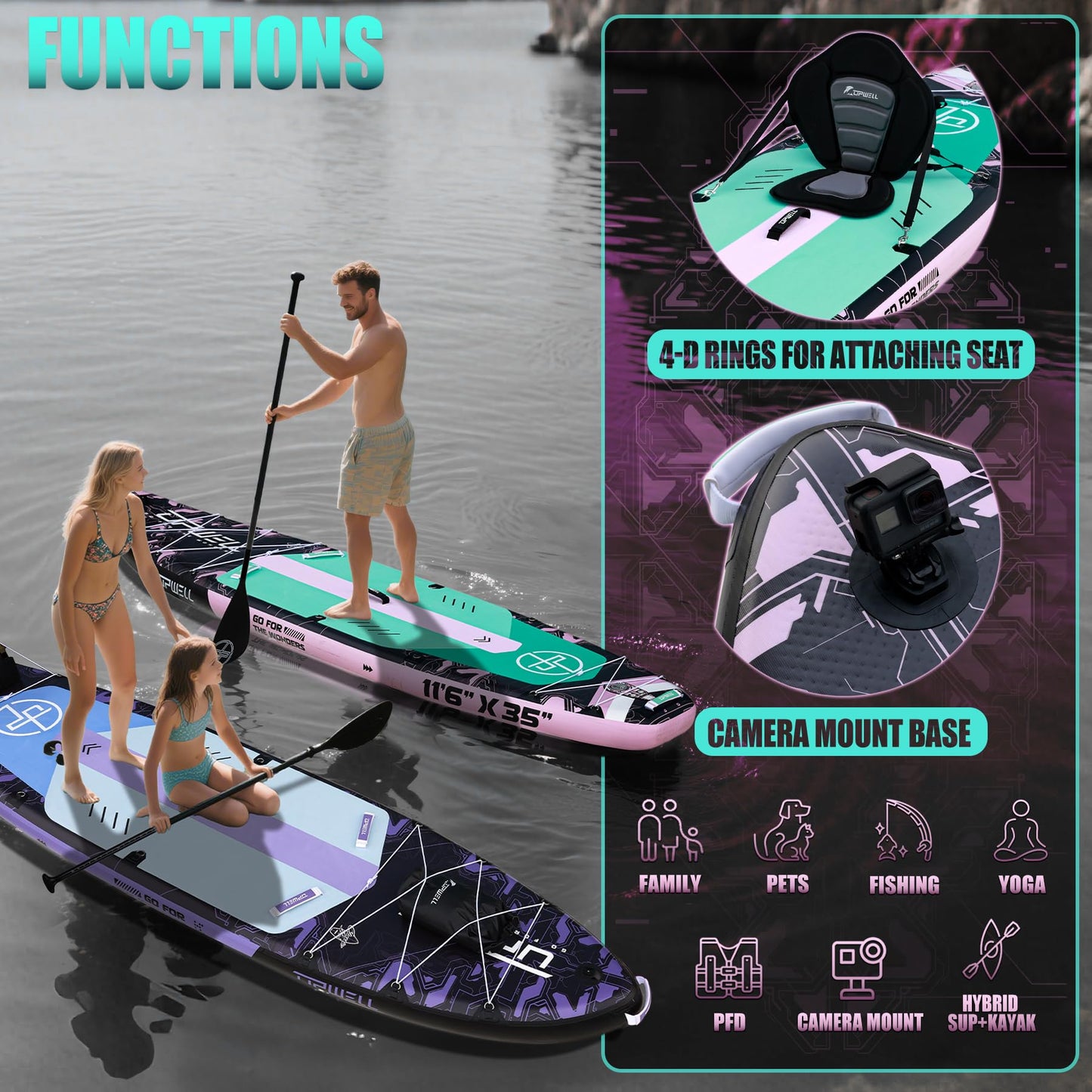 UPWELL 11'6"×35" Extra Wide Inflatable Paddle Board, Stand Up Paddle Board with Kayak Seat, Sup Paddle Boards for Adults, Mech Pink