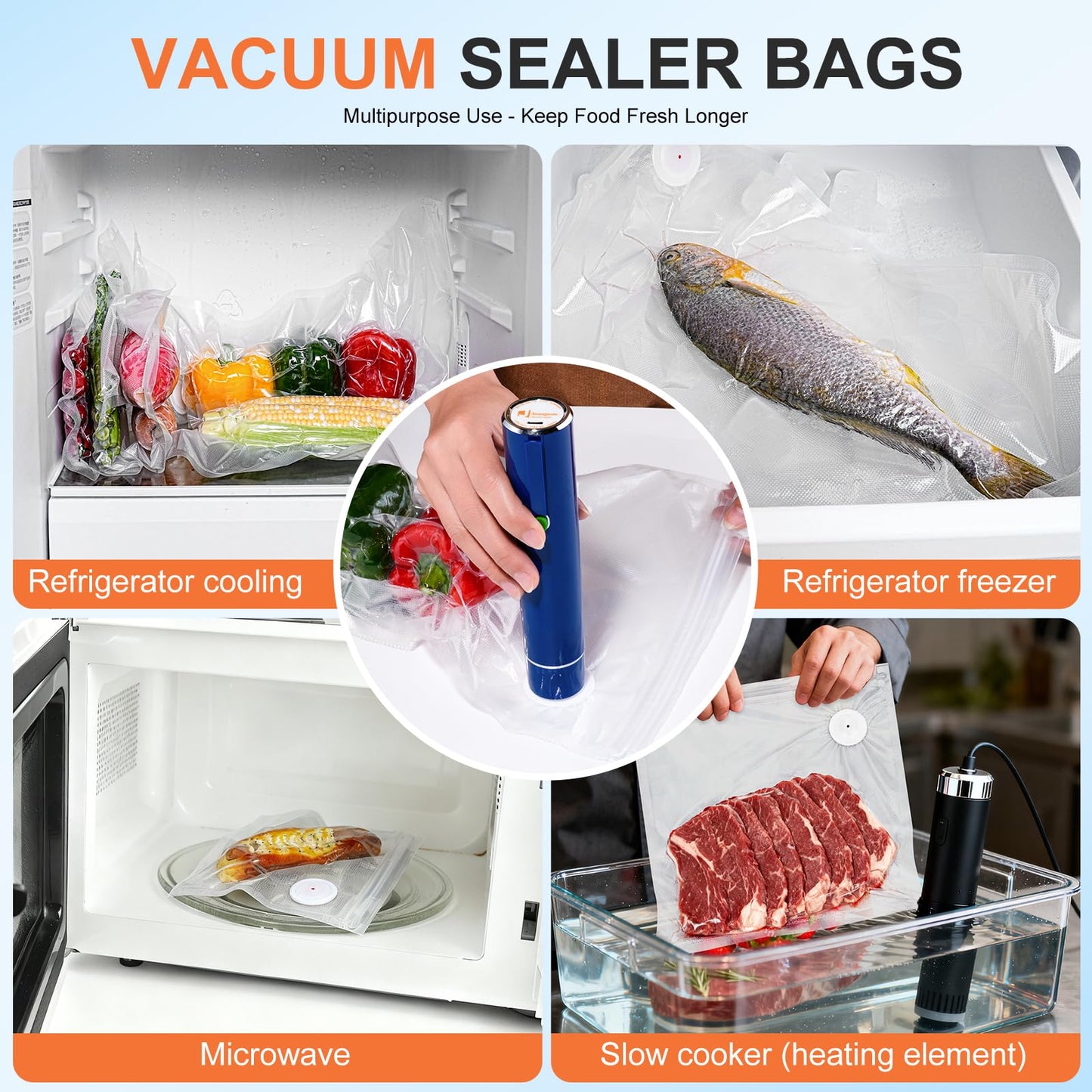 60PCS Vacuum Sealing Bags, Reusable Vacuum Sealer Bags for Food, BPA-Free Vacuum Zipper Bags, Sous Vide Bags for Food Storage (S, M, L, XL)