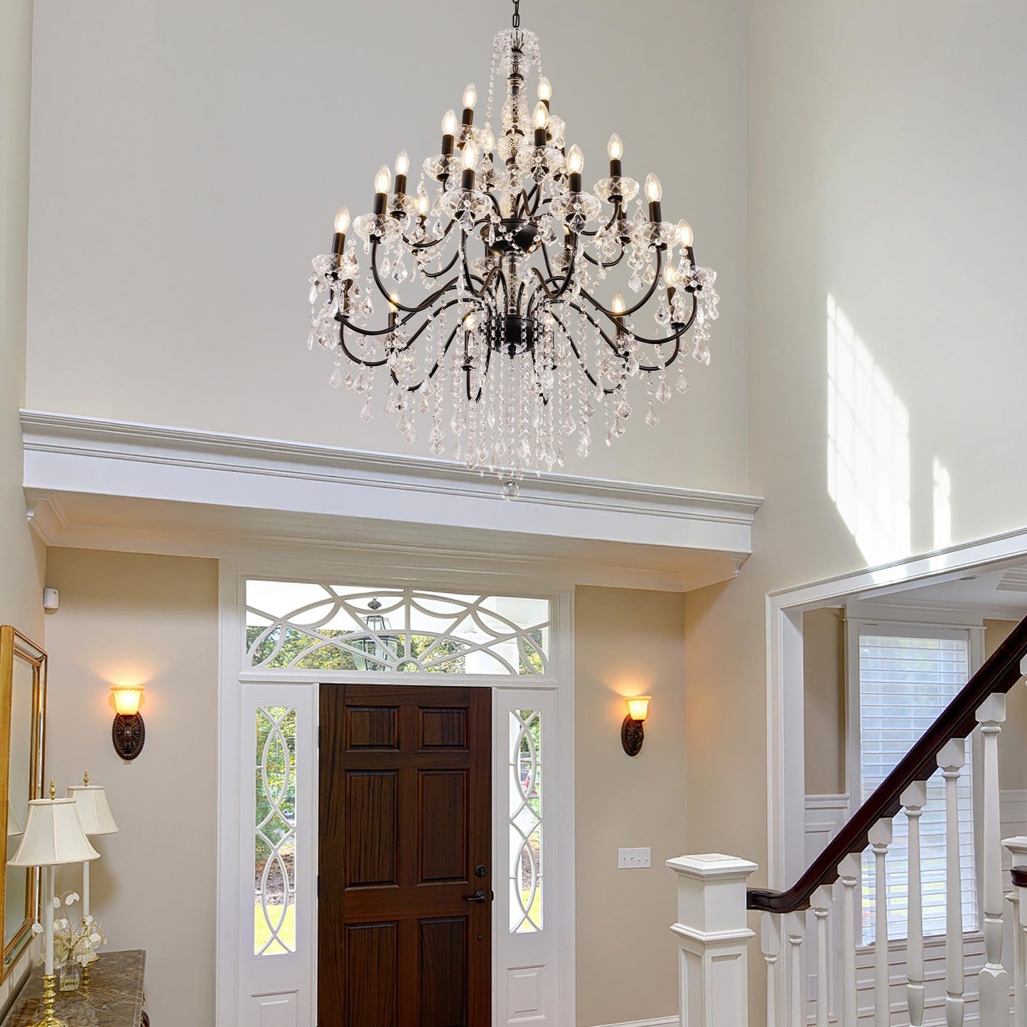 Wellmet Black Chandelier Light Fixture, Luxury Maria Theresa Crystal Chandeliers for High Ceiling Foyer, 24 Lights Hanging Pendant Light for Living Room EntryWay Hall Staircase Large 35.66" (Black)
