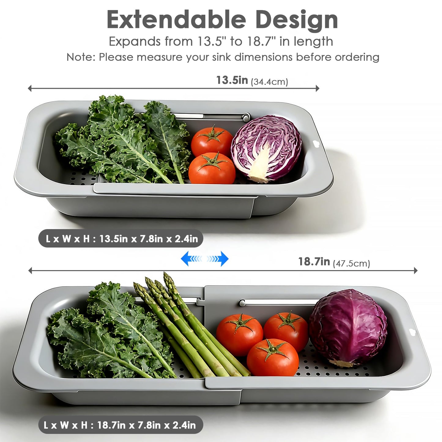 Extendable Colander Strainer Basket, Over the Sink Colander and Strainer for Kitchen, Wash Vegetables and Fruits, Drain Pasta and Dry Dishes, Adjustable Colander from 13.5In to 18.7In, Gray