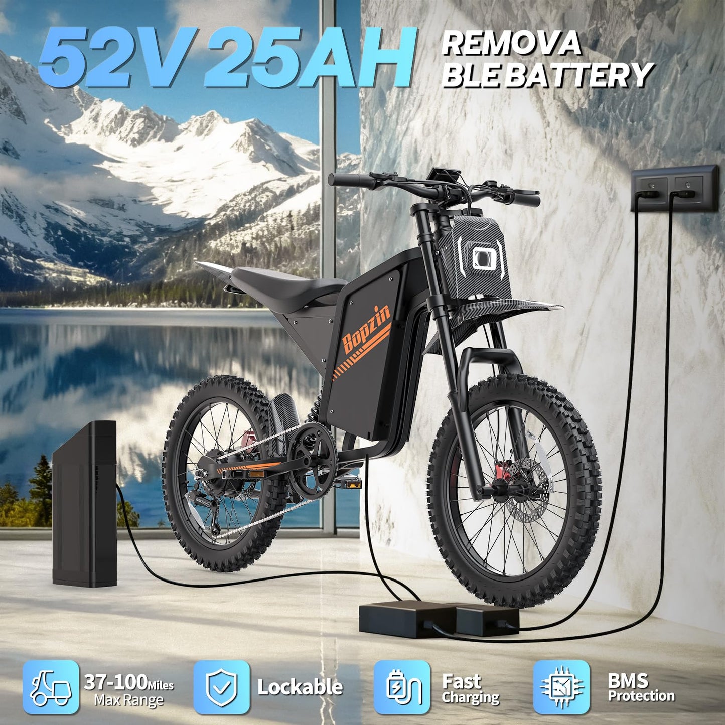 Bopzin Electric Dirt Bike for Adults, 2500W Motor 35MPH, 52V 25Ah Battery 80+ Miles Range, 20"x3" Fat Tires, App Control & Keyless Unlock, Full Suspension, Hydraulic Brakes, UL2849 Certified