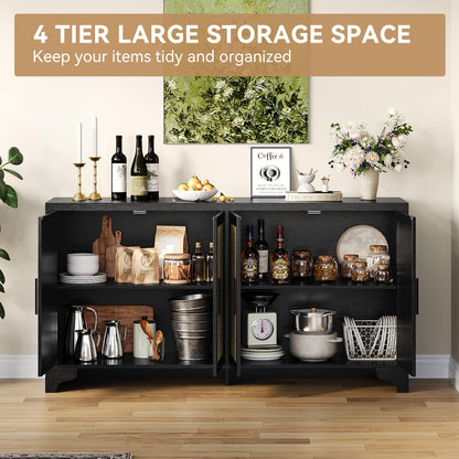 Farmhouse Large Sideboard Buffet with Natural Rattan Doors, 4-Door Storage Cabinet for Kitchen, Living Room, or Entryway, Spacious Storage Solution, Rustic Accent Cabinet for Home Organization