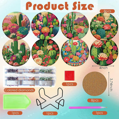 ijbnhd 8 Pcs Cactus Diamond Art Coasters Kit, Cactus Diamond Painting Coasters with Holder, Arts and Crafts Supplies Astral 4X4inch (Cork Wooden Pad)