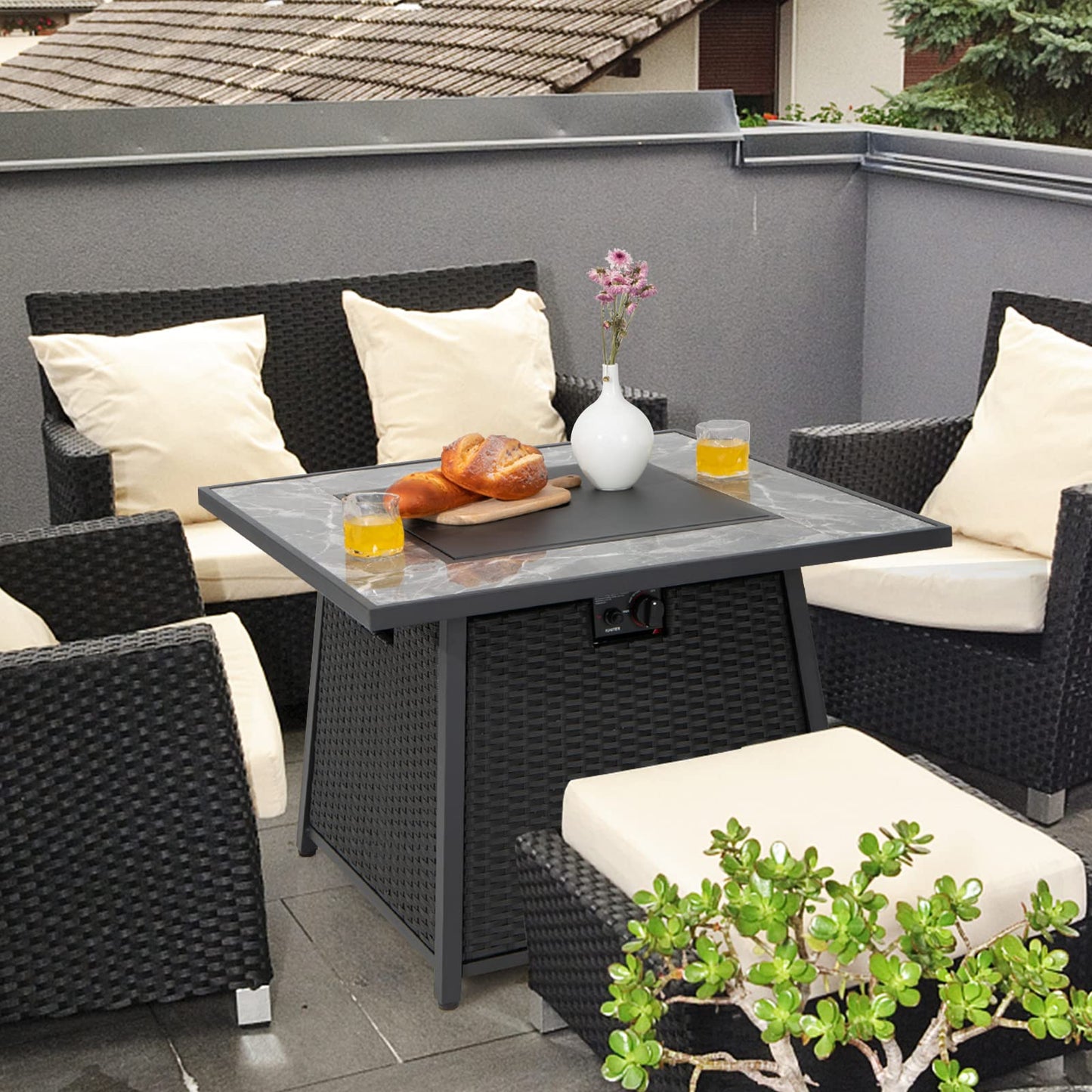 COSTWAY 35" Propane Gas Fire Pit Table, 50,000 BTU Auto-Ignition Propane Fire Pit with Lid, Lava Rocks and PVC Cover, Outdoor PE Rattan Fire Pit Table for Poolside, Garden, Balcony, ETL Certification