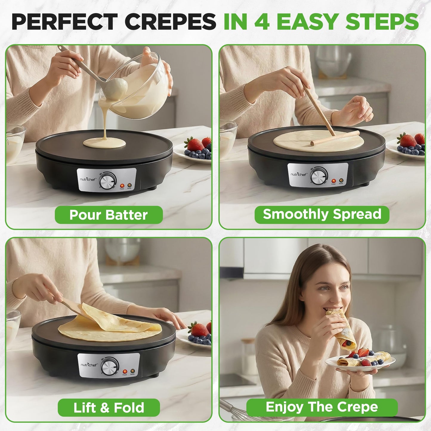 Nutrichef Electric Crepe Maker & Griddle Cooktop - Nonstick 12 Inch Aluminum Hot Plate with LED Indicator Lights & Adjustable Temperature Control - Wooden Spatula & Batter Spreader Included