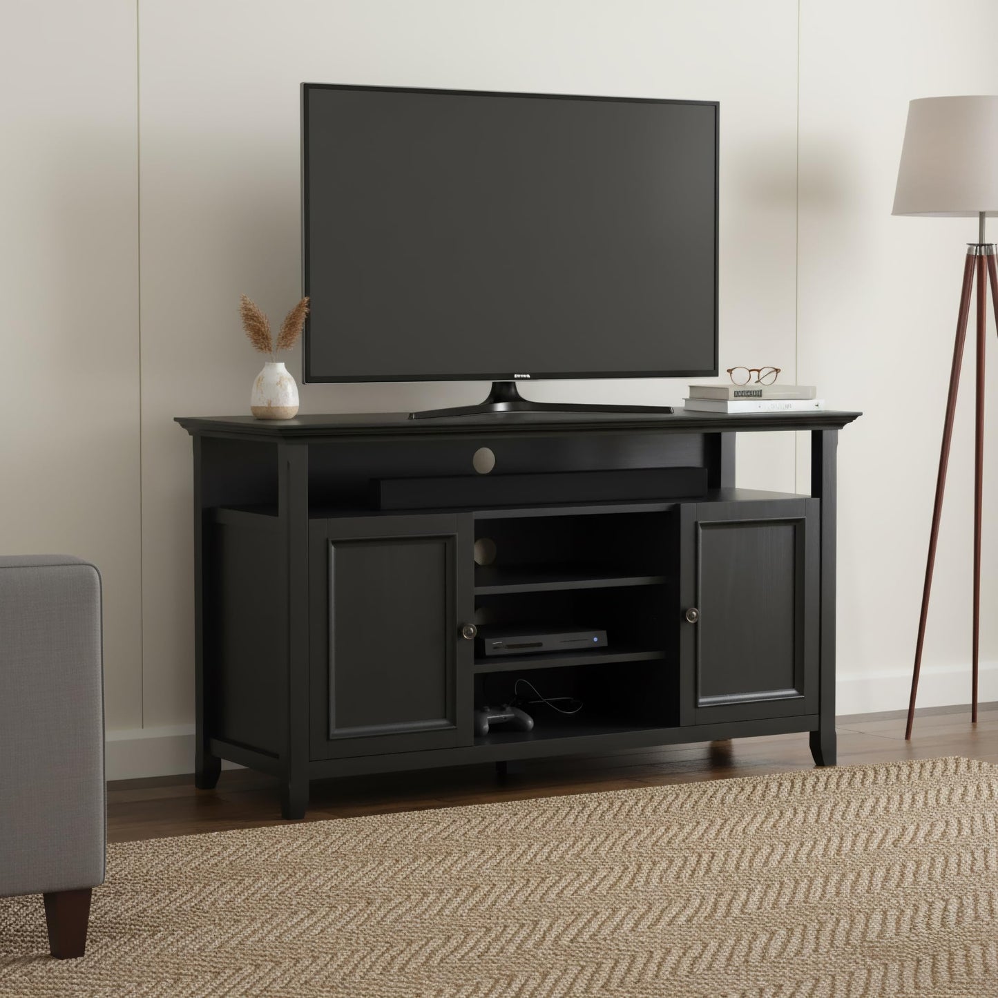 SIMPLIHOME Amherst TV Stand - 54 inch Wide Solid Wood Media Console in Deep Black, Transitional Entertainment Center for Living Room for TVs up to 60 Inches with Shelves and Cable Management