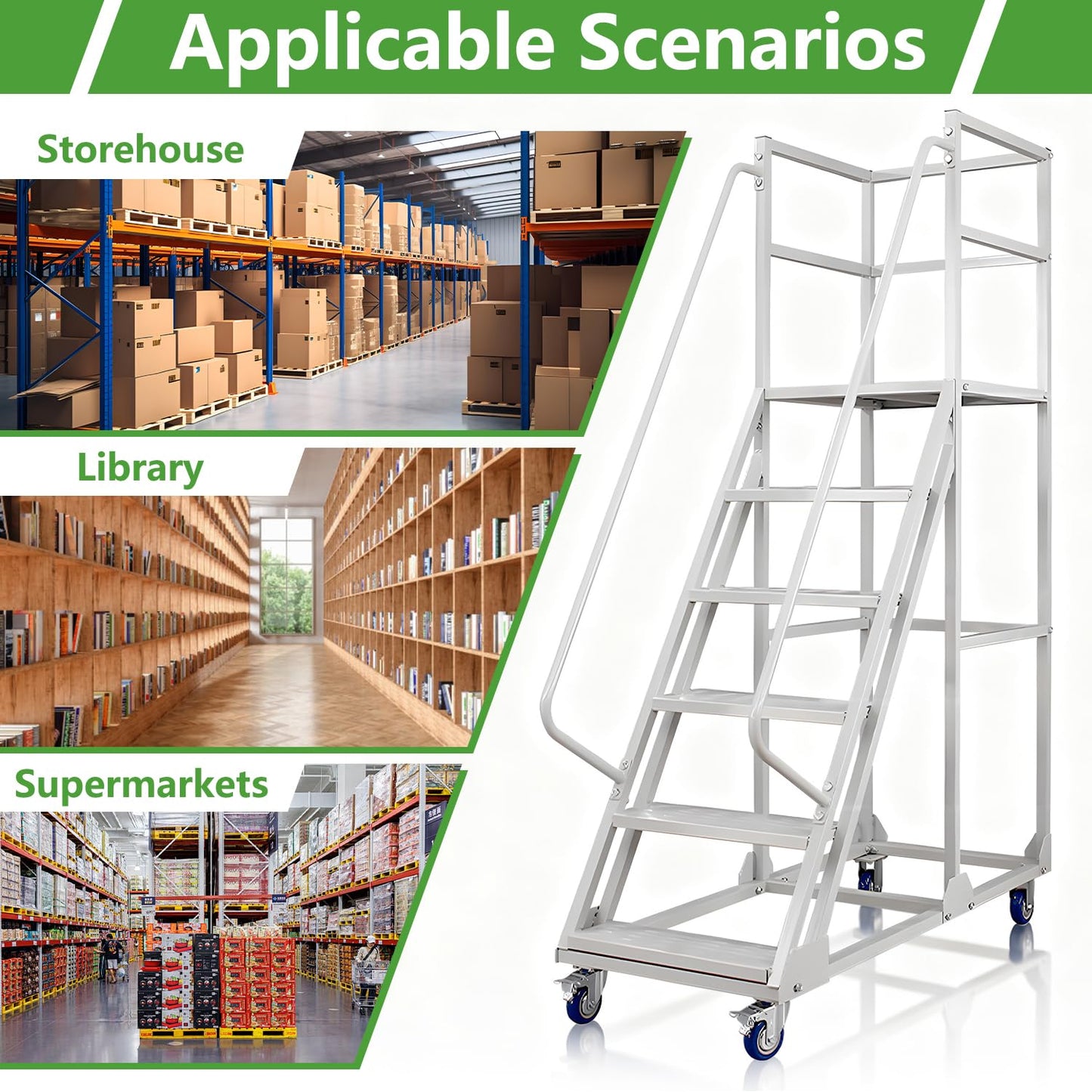 6 Steps Rolling Ladder, Mobile Platform Ladders with Handrails, Industrial & Warehouse Non-Slip Stair Ladder, Heavy Duty Step Ladders for Home Library Outdoor, 1100lbs Capacity