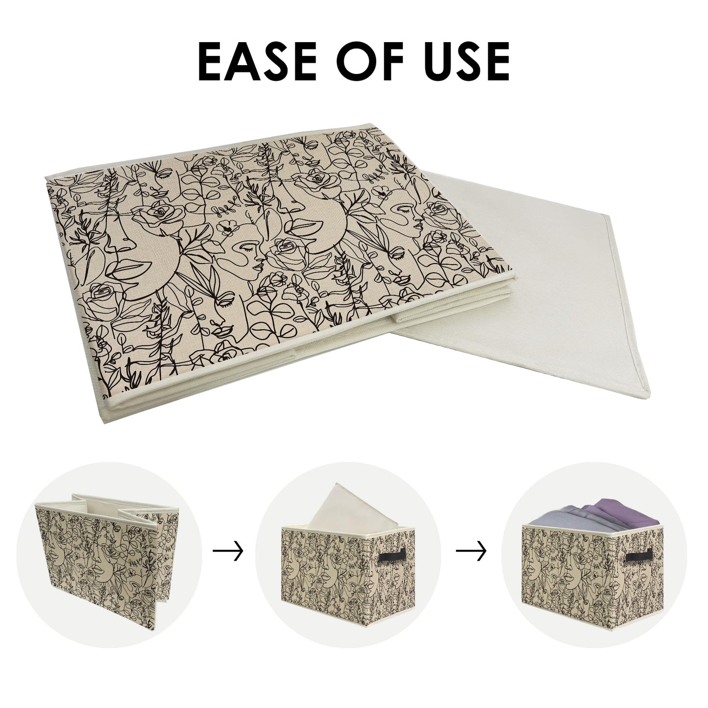 Knibeo Modern Abstract Women Faces Floral Fabric Storage Bins for Shelves Closet, Minimalist Boho Botanical Aesthetic Collapsible Cube Baskets Organizer for Clothes Books Toys