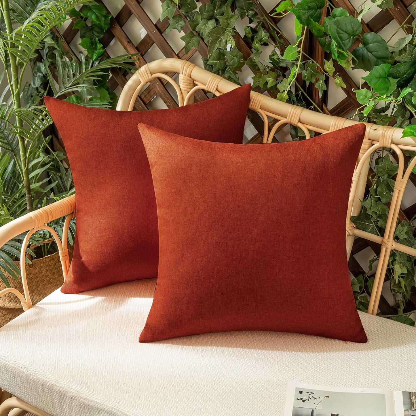Woaboy Set of 2 Burnt Orange Outdoor Waterproof Throw Pillow Covers, Decorative Farmhouse Cushion Cases, 18x18 Inch