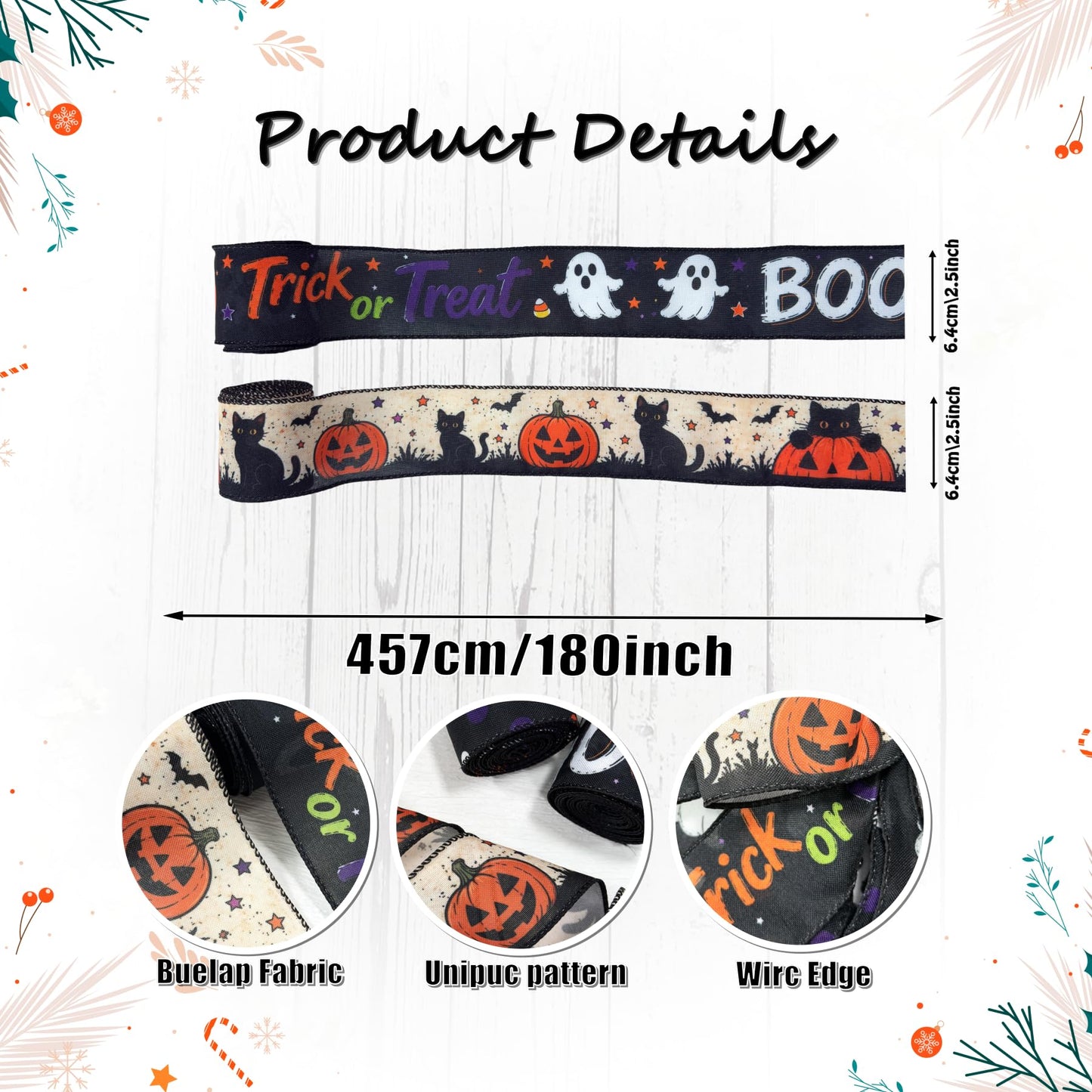 Halloween Wired Edge Ribbon, Ghost Pumpkin Boo Cat Ribbon for Wreath Making, Black Orange White Craft Ribbon for Bows, DIY Decorations & Gift Wrapping, 3Rolls, 2.5 Inch x 15 Yards