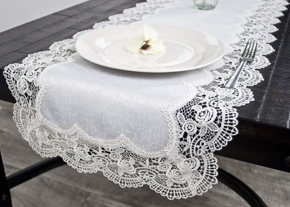 White Royal Rose European Antique Lace Jacquard Table Runner, Dresser Scarf (16Wx36L)