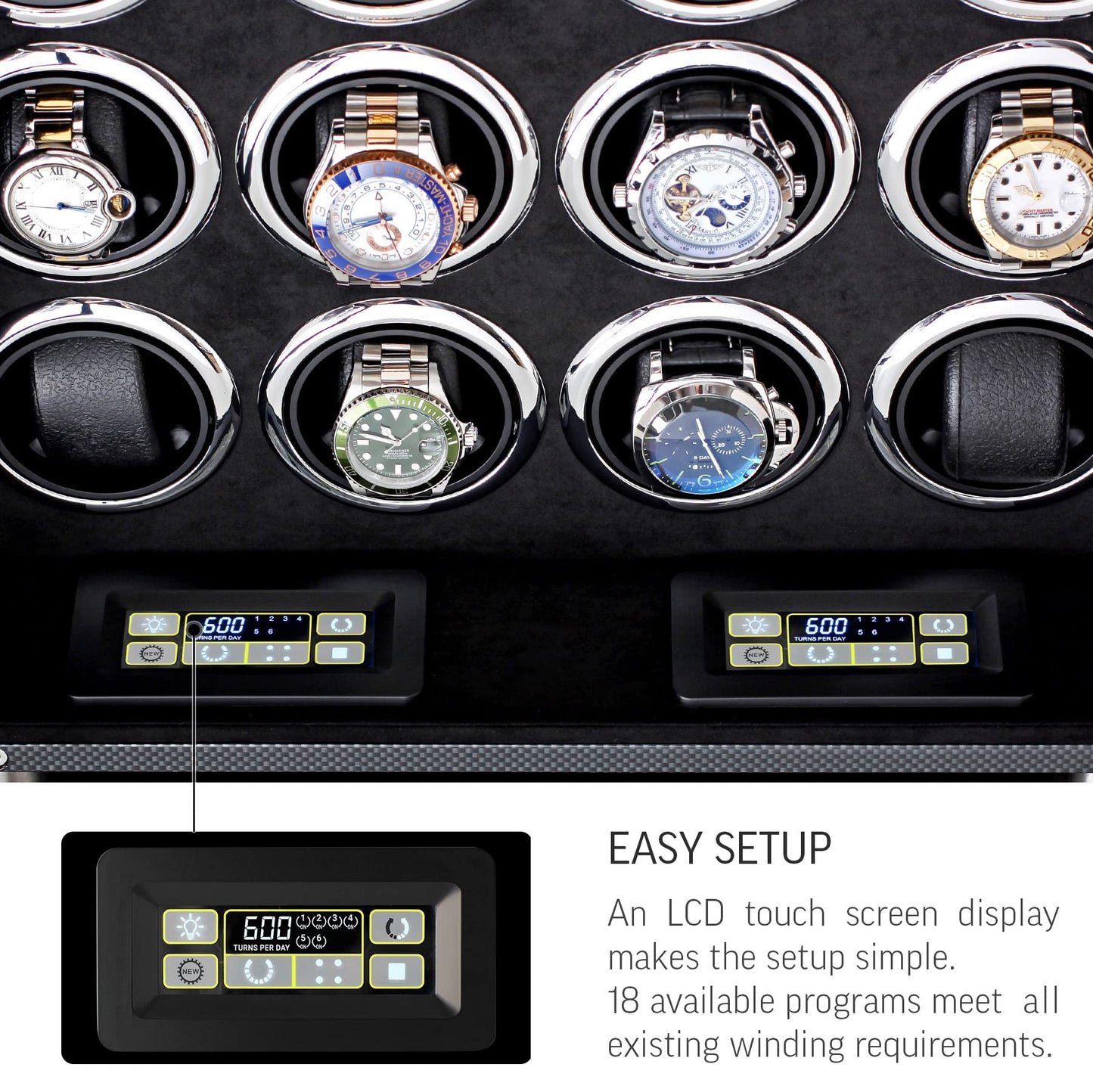 12 Watch Winder for Automatic Watches with LED Light and LCD Touchscreen Control (Burlwood + Beige)