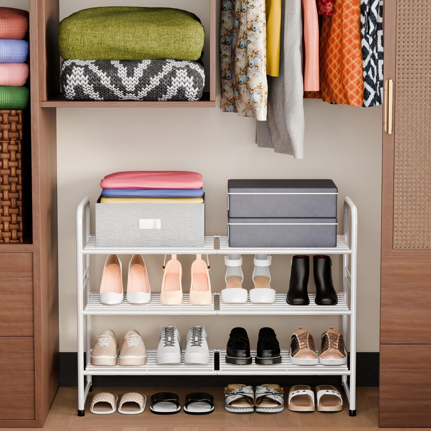 3 33" Closet, SUFAUY Tier Wide White Metal Shoe Rack for Stackable