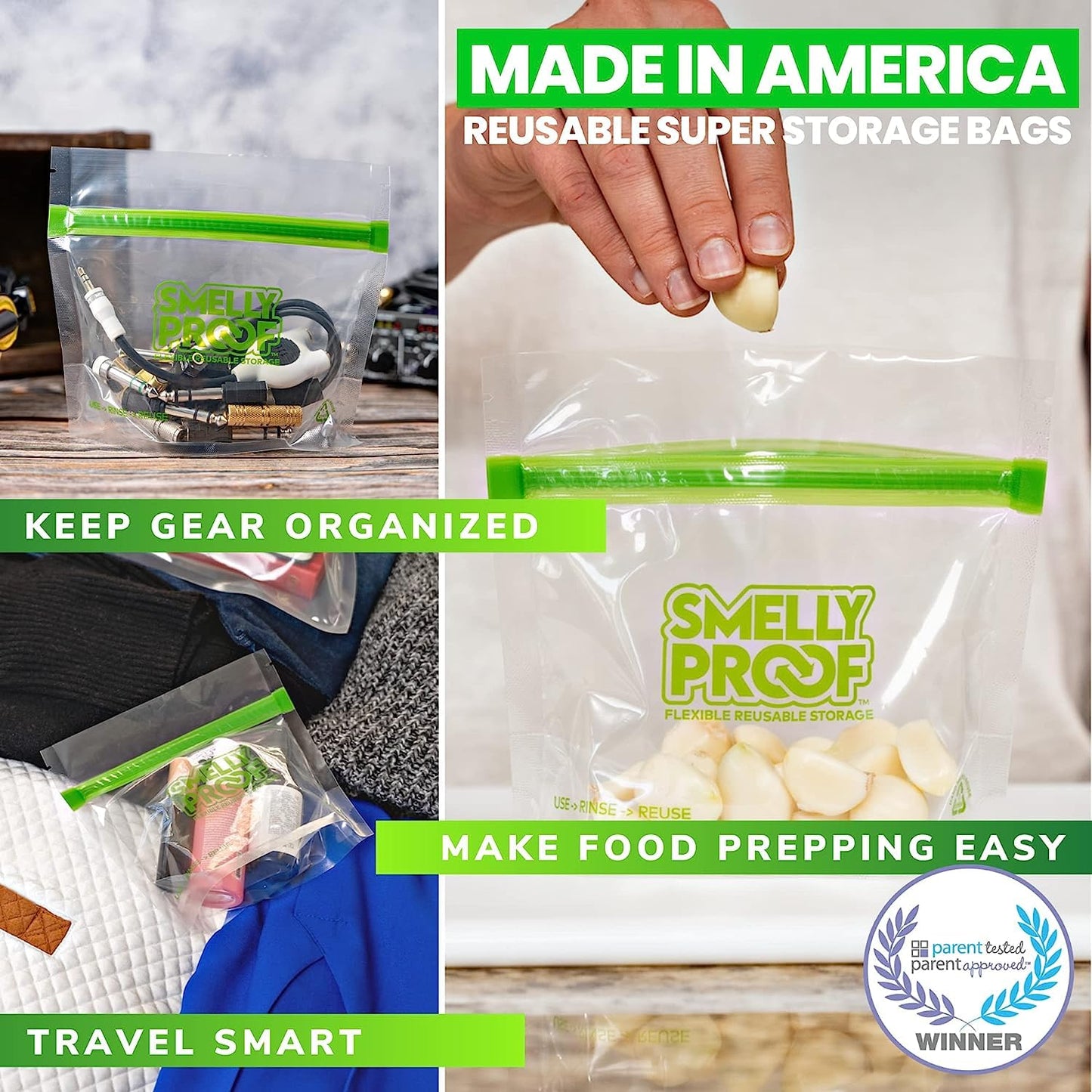Smelly Proof 10 x Expandable Stand-Up & Fill REUSABLE Storage Bags for Food Designed & Mfg in US, NO PEVA, BPA FREE, Reusable Snack Bags, Dishwasher-Safe, Clear 3 mils STAND & FILL 6" x 4" - 10pk