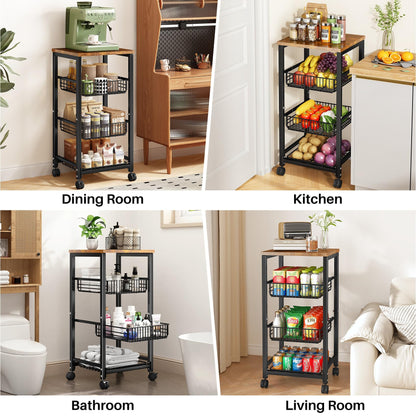 SNTD Fruit Basket Vegetable Stand for Kitchen Pantry, Pull Out Metal Wire Basket with Wood Top for Fruit Vegetable Onions Potatoes Snacks