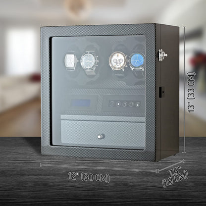 4 Watch Winder with 5 Watch Storage Space, LCD Display, Touch Control and Interior Light (Carbon + Black)