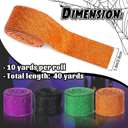 Whaline 40 Yards Halloween Glitter Wired Ribbon Green Orange Purple Black Gift Wrapping Ribbon Halloween Decorative Ribbons for Crafts Bow Wreath DIY Gift Wrapping Supplies, 4 Rolls