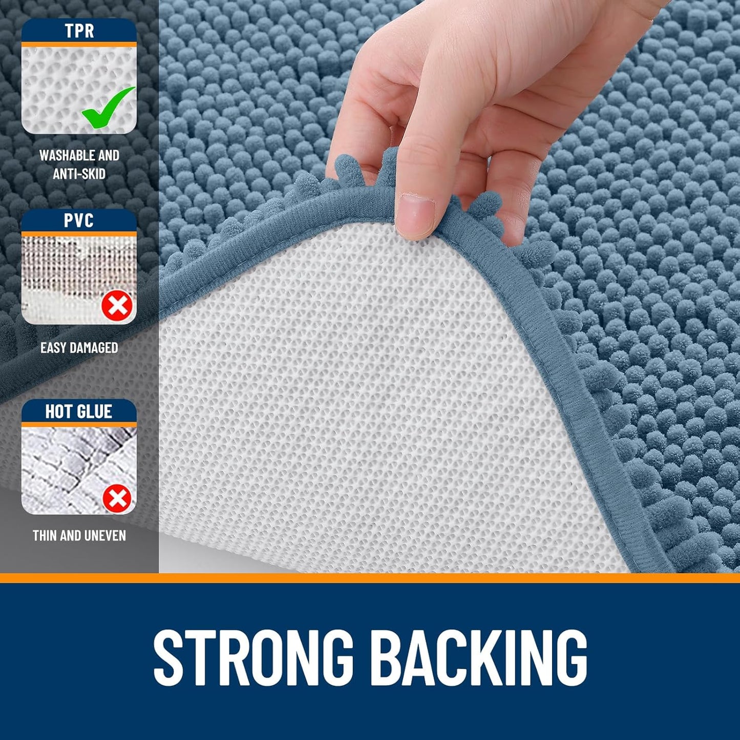 OLANLY Bathroom Rugs - Extra Soft Chenille Bath Mats with Rubber Backing | 36x24, Quick Dry, Airy Blue