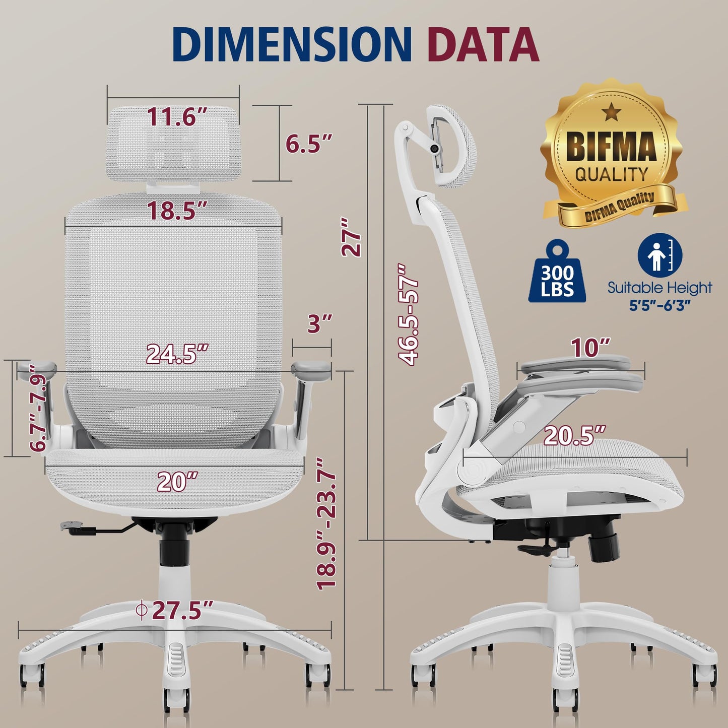 GABRYLLY Ergonomic Office Chair, High Back Home Desk Chair with Headrest, Flip-Up Arms, 90-120° Tilt Lock and Wide Cushion, 300LBS Mesh Chairs for Man Woman, White Task Chair(Grey,GY01WG)