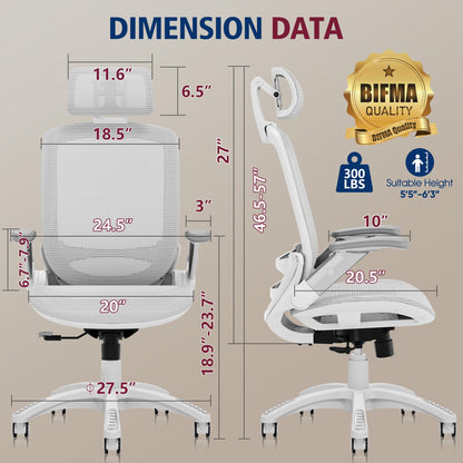 GABRYLLY Ergonomic Office Chair, High Back Home Desk Chair with Headrest, Flip-Up Arms, 90-120° Tilt Lock and Wide Cushion, 300LBS Mesh Chairs for Man Woman, White Task Chair(Grey,GY01WG)