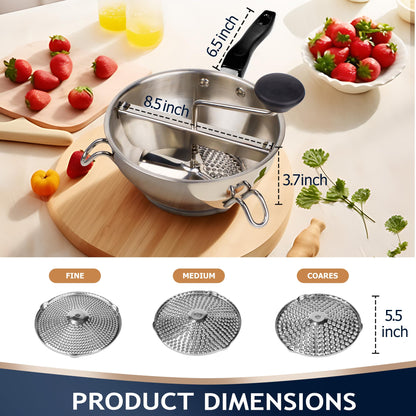 Food Mill Stainless Steel With 3 Grinding Discs and Complete Canning Supplies Starter Kit of 8-Includes Tongs, Jar Lifter, Wrench, Lid Lifter, measurer,Funnel,Labels,Multifunctional Spoon(DM-BL-GR)