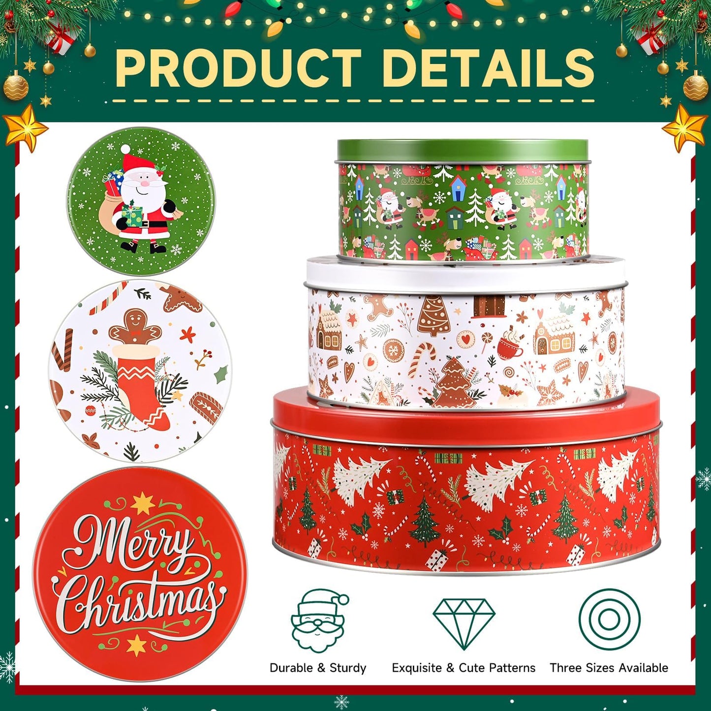 Olgaa Christmas Cookie Tins with Lids Set of 3 Gingerbread Man Cookie Storage Containers Airtight Round Jars for Gift Giving Holiday Treats Baking Cake Container
