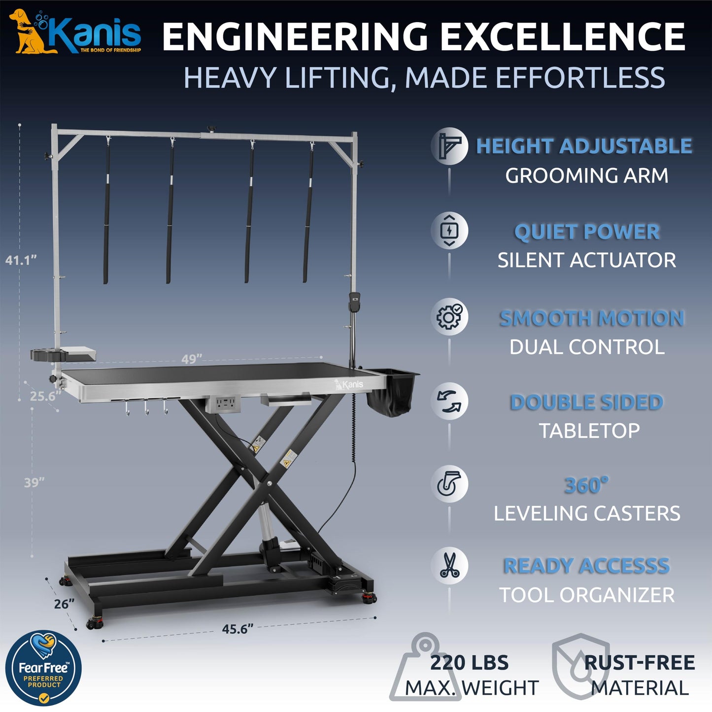 KANIS Professional Electric Dog Grooming Table - Heavy Duty, Height Adjustable Pet Grooming Table w/Leveling Wheels, Grooming Arm, Anti-Slip Tabletop & Tool Organizer/Dog Grooming Station (Black, 49")