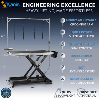 KANIS Professional Electric Dog Grooming Table - Heavy Duty, Height Adjustable Pet Grooming Table w/Leveling Wheels, Grooming Arm, Anti-Slip Tabletop & Tool Organizer/Dog Grooming Station (Black, 49")