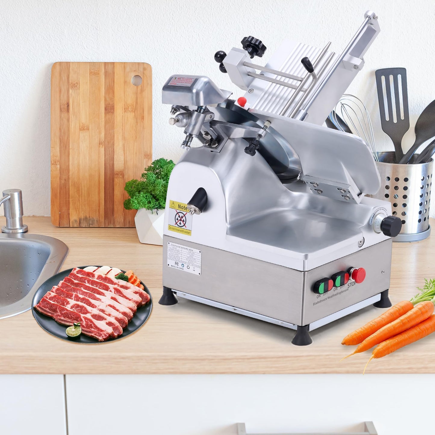EliteEdge 550W Automatic Meat Slicer with 12 Inch Carbon Steel Blade, Adjustable Thickness 0-14 mm, Electric Slicing Machine for Home or Commercial Kitchen